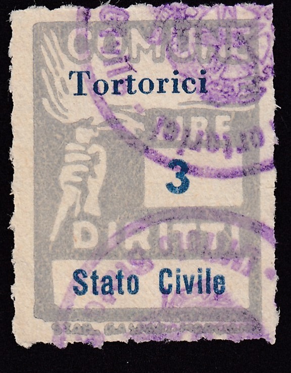 Marca da Bollo del Comune di TORTORICI su Carta Bianca Sottile di dimensioni 18,5 x 26 mm
