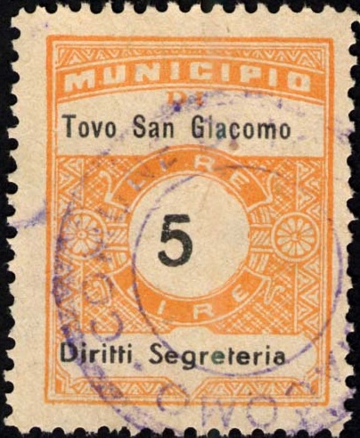 Marca da Bollo del Comune di TOVO SAN GIACOMO su Carta Bianca Sottile di dimensioni 22,5 x 29 mm