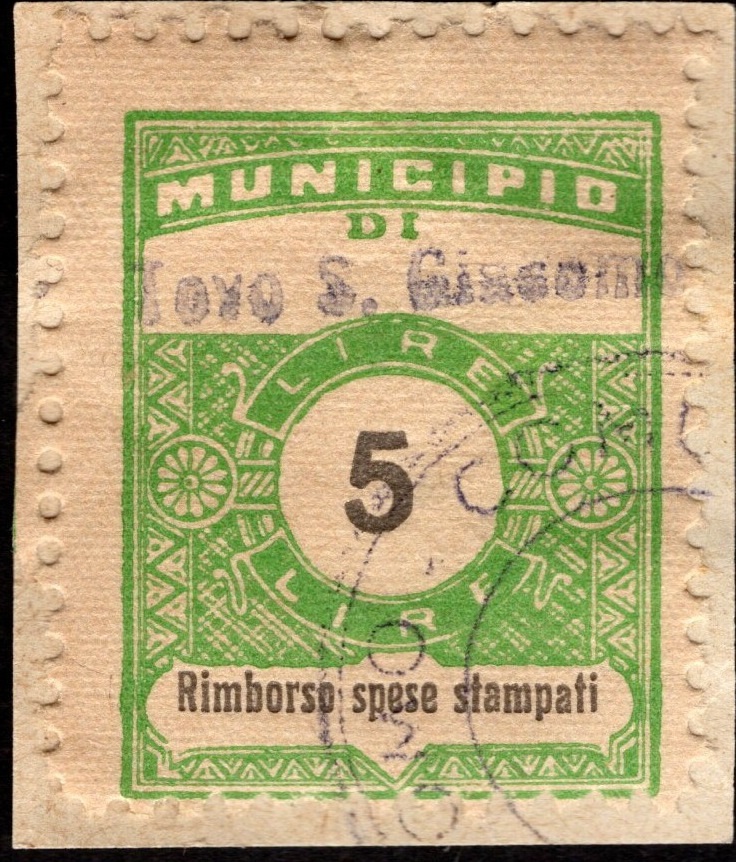 Marca da Bollo del Comune di TOVO SAN GIACOMO su Carta Bianca Sottile di dimensioni 22,5 x 29 mm