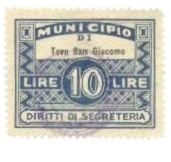 Marca da Bollo del Comune di TOVO SAN GIACOMO su Carta Bianca Sottile di dimensioni 34 x 26,5 mm