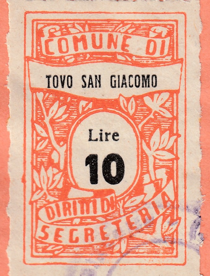 Marca da Bollo del Comune di TOVO SAN GIACOMO su Carta Bianca Sottile di dimensioni 22 x 34 mm