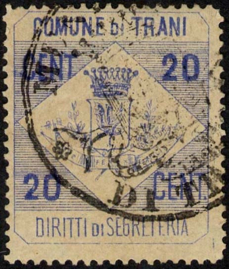 Marca da Bollo del Comune di TRANI su Carta Bianca di dimensioni 27 x 32 mm