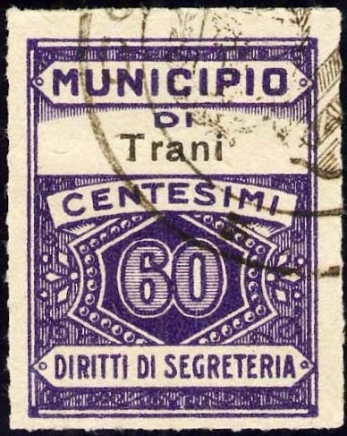Marca da Bollo del Comune di TRANI su Carta Bianca Sottile di dimensioni 22,5 x 29 mm