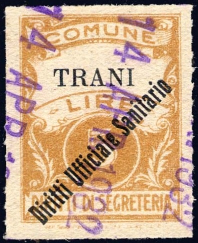 Marca da Bollo del Comune di TRANI su Carta Bianca di dimensioni 22 x 30 mm