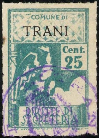 Marca da Bollo del Comune di TRANI su Carta Bianca Sottile di dimensioni 21 X 32 mm