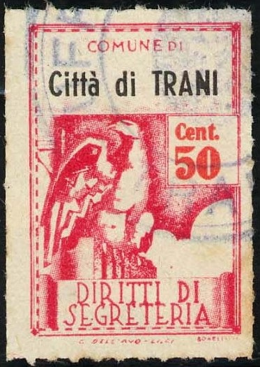Marca da Bollo del Comune di TRANI su Carta Bianca Sottile di dimensioni 21 X 32 mm