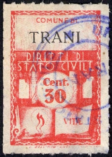 Marca da Bollo del Comune di TRANI su Carta Bianca Sottile di dimensioni 21 x 32,5 mm