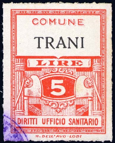Marca da Bollo del Comune di TRANI su Carta Bianca di dimensioni 22,5 x 29 mm