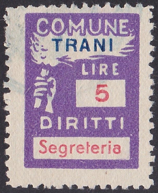 Marca da Bollo del Comune di TRANI su Carta Bianca Sottile di dimensioni 18,5 x 25 mm