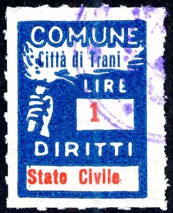 Marca da Bollo del Comune di TRANI su Carta Bianca Sottile di dimensioni 18,5 x 25 mm