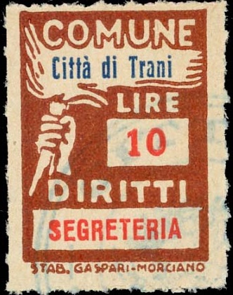 Marca da Bollo del Comune di TRANI su Carta Bianca di dimensioni 18,5 x 26 mm