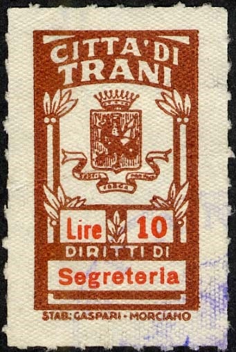 Marca da Bollo del Comune di TRANI su Carta Bianca di dimensioni 16,5 x 29,5 mm