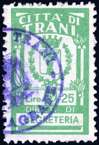Marca da Bollo del Comune di TRANI su Carta Bianca di dimensioni 17,5 x 28,5 mm