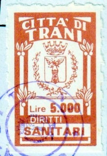 Marca da Bollo del Comune di TRANI su Carta Bianca di dimensioni 18 x 29,5 mm
