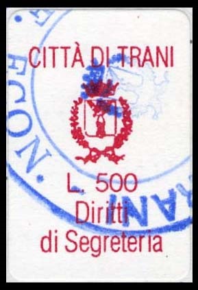 Marca da Bollo del Comune di TRANI su Carta Bianca di dimensioni 17 x 27 mm