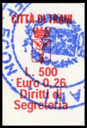 Marca da Bollo del Comune di TRANI su Carta Bianca di dimensioni 16,5 x 27 mm