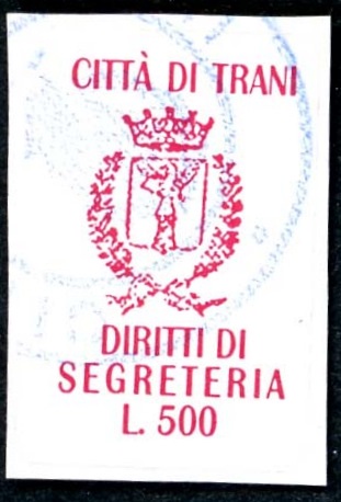 Marca da Bollo del Comune di TRANI su Carta Bianca di dimensioni 17 x 27 mm