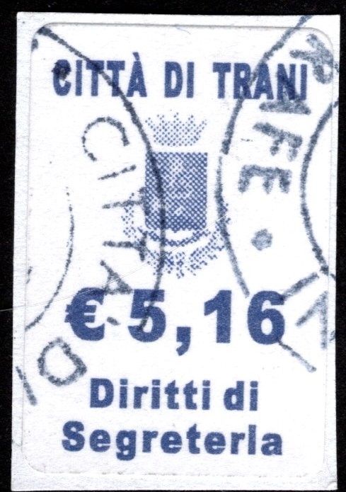Marca da Bollo del Comune di TRANI su Carta Bianca di dimensioni 17 x 27 mm