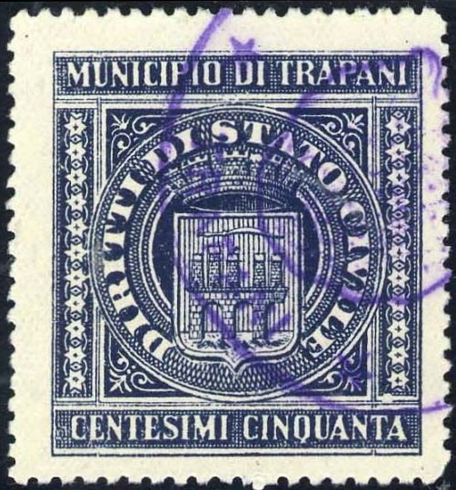 Marca da Bollo del Comune di TRAPANI su Carta Bianca Sottile di dimensioni 29 x 31,5 mm