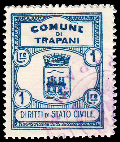 Marca da Bollo del Comune di TRAPANI su Carta Bianca di dimensioni 20 x 26 mm