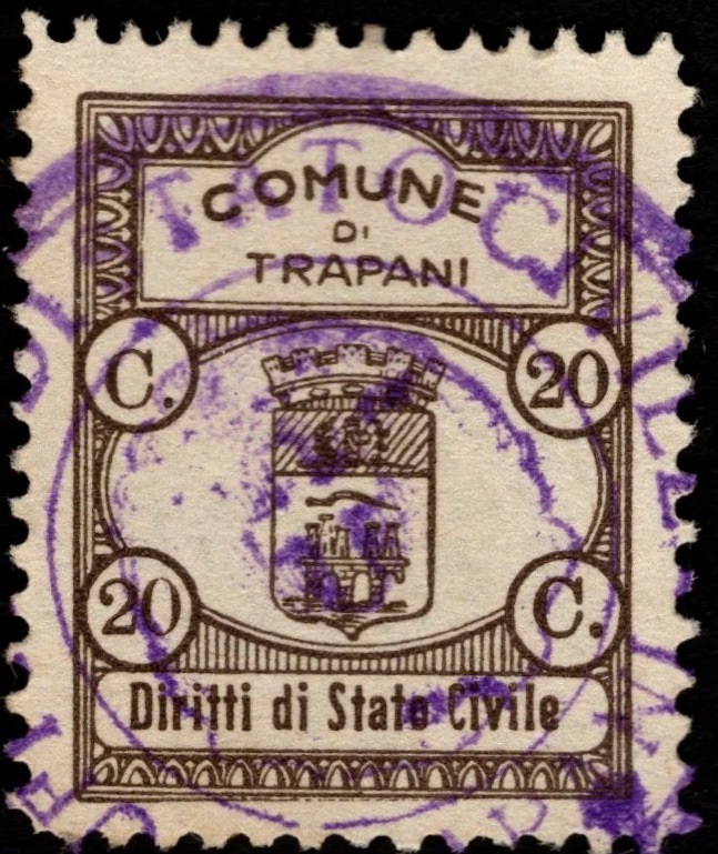 Marca da Bollo del Comune di TRAPANI su Carta Bianca di dimensioni 20 x 26 mm