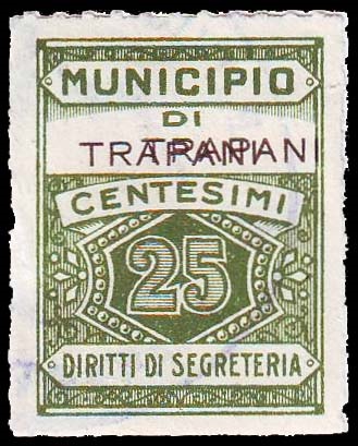 Marca da Bollo del Comune di TRAPANI su Carta Bianca Sottile di dimensioni 22 x 29 mm