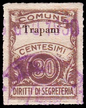 Marca da Bollo del Comune di TRAPANI su Carta Bianca Sottile di dimensioni 22 x 29 mm