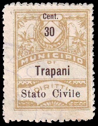 Marca da Bollo del Comune di TRAPANI su Carta Bianca Sottile di dimensioni 22 x 29 mm