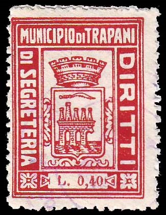 Marca da Bollo del Comune di TRAPANI su Carta Bianca di dimensioni 22 x 30 mm