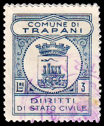 Marca da Bollo del Comune di TRAPANI su Carta Bianca di dimensioni 23 x 29 mm