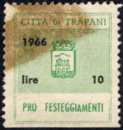 Marca da Bollo del Comune di TRAPANI su Carta Bianca Sottile di dimensioni 23 x 26 mm