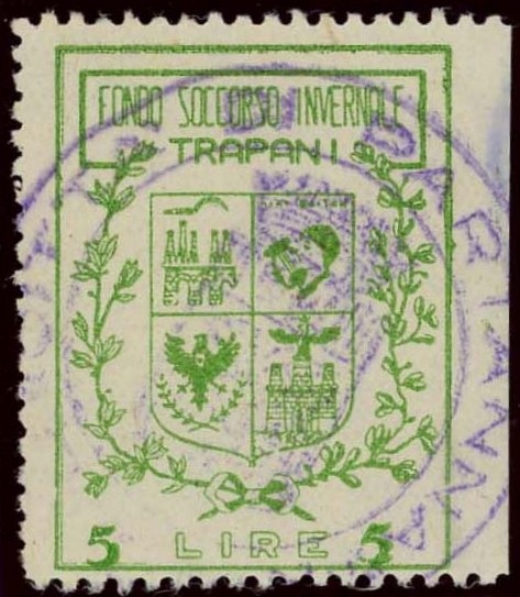 Marca da Bollo del Comune di TRAPANI su Carta Bianca Sottile di dimensioni 24,5 x 33,5 mm
