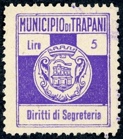 Marca da Bollo del Comune di TRAPANI su Carta Bianca Sottile di dimensioni 22 x 27 mm