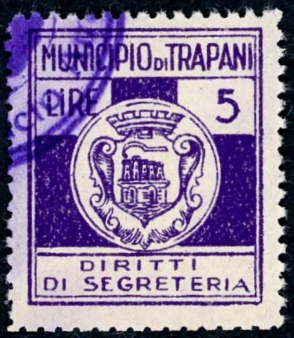Marca da Bollo del Comune di TRAPANI su Carta Bianca di dimensioni 23,5 x 27,5 mm