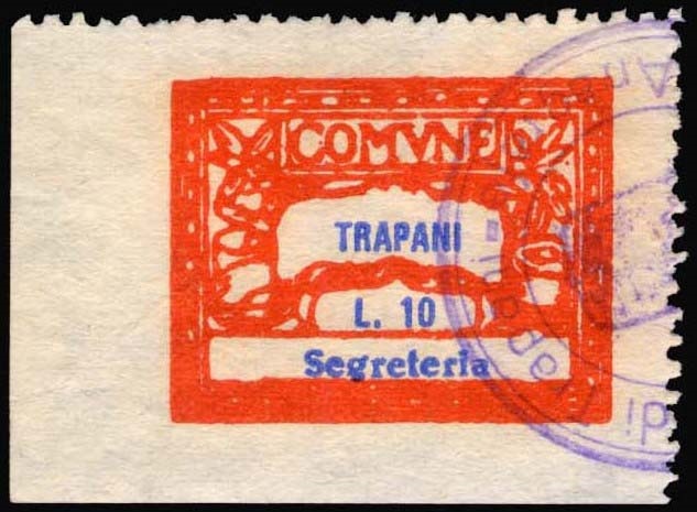 Marca da Bollo del Comune di TRAPANI su Carta Bianca Sottile di dimensioni 28 X 22 mm