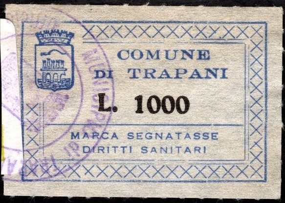 Marca da Bollo del Comune di TRAPANI su Carta Bianca Sottile di dimensioni 45 x 20 mm