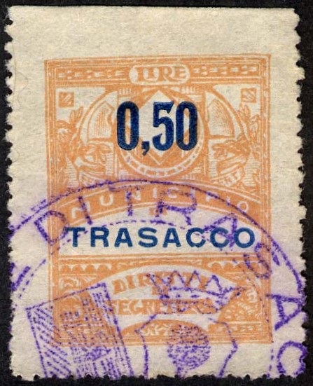 Marca da Bollo del Comune di TRASACCO su Carta Bianca Sottile di dimensioni 29,5 x 36,5 mm