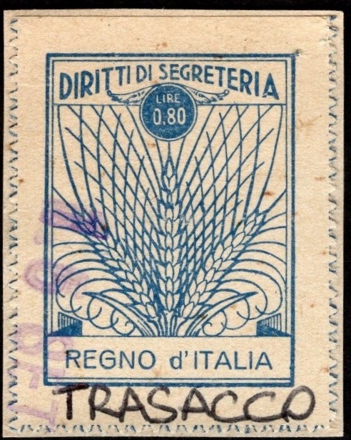 Marca da Bollo del Comune di TRASACCO su Carta Bianca Sottile di dimensioni 22,5 X 33 mm