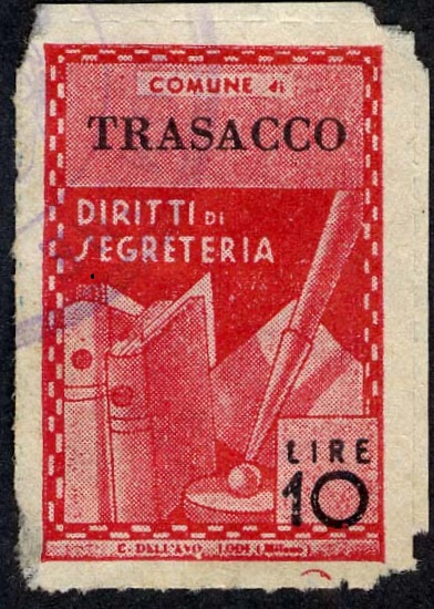 Marca da Bollo del Comune di TRASACCO su Carta Bianca Sottile di dimensioni 21 X 32 mm