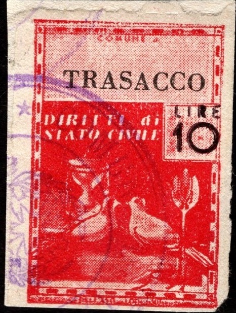 Marca da Bollo del Comune di TRASACCO su Carta Bianca Sottile di dimensioni 21 X 32 mm
