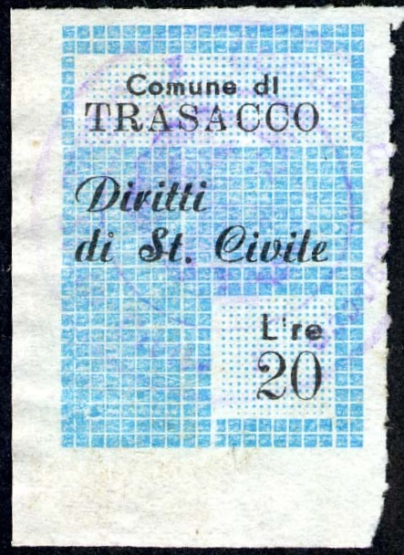Marca da Bollo del Comune di TRASACCO su Carta Bianca Sottile di dimensioni mm