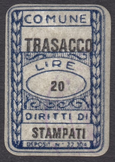 Marca da Bollo del Comune di TRASACCO su Carta Bianca di dimensioni 20 x 30,5 mm