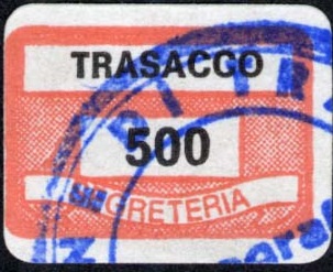 Marca da Bollo del Comune di TRASACCO su Carta Bianca di dimensioni 19 x 13 mm