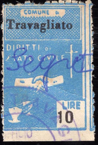 Marca da Bollo del Comune di TRAVAGLIATO su Carta Bianca di dimensioni 21 X 32 mm