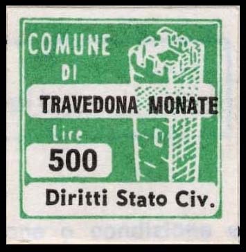 Marca da Bollo del Comune di TRAVEDONA MONATE su Carta Bianca di dimensioni 20 x 20 mm