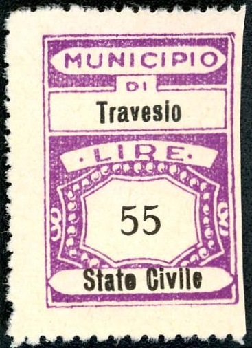Marca da Bollo del Comune di TRAVESIO su Carta Bianca di dimensioni 21,5 x 31 mm