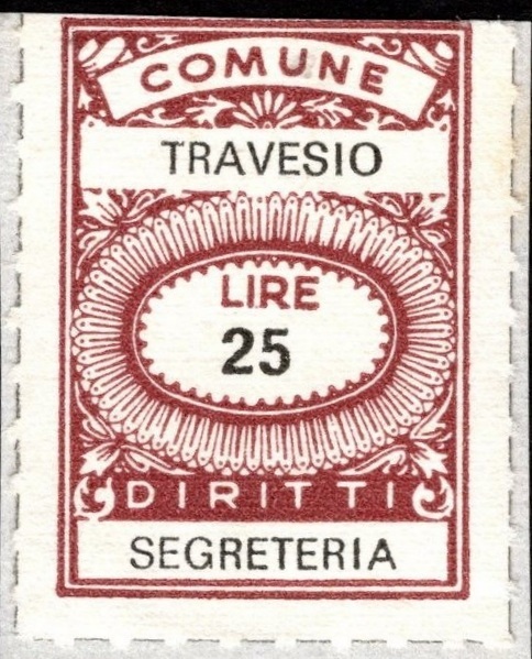 Marca da Bollo del Comune di TRAVESIO su Carta Bianca di dimensioni 20 x 28 mm