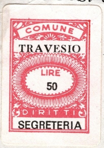 Marca da Bollo del Comune di TRAVESIO su Carta Bianca di dimensioni 12 x 23,5 mm