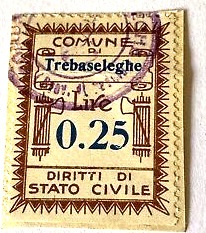 Marca da Bollo del Comune di TREBASELEGHE su Carta Bianca Sottile di dimensioni 23 x 29 mm