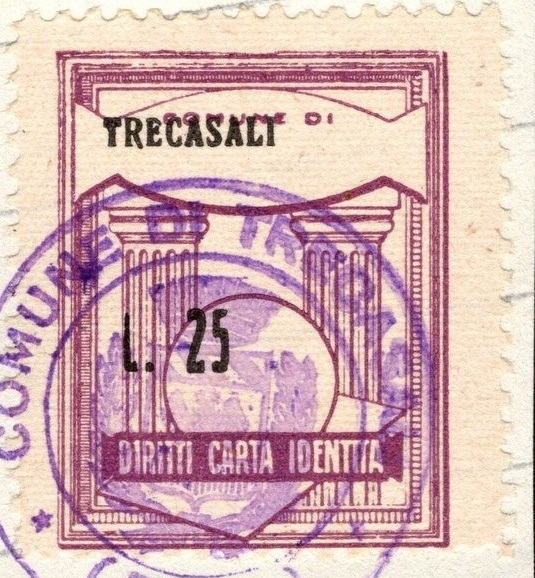 Marca da Bollo del Comune di TRECASALI su Carta Bianca Sottile di dimensioni 21 x 29 mm